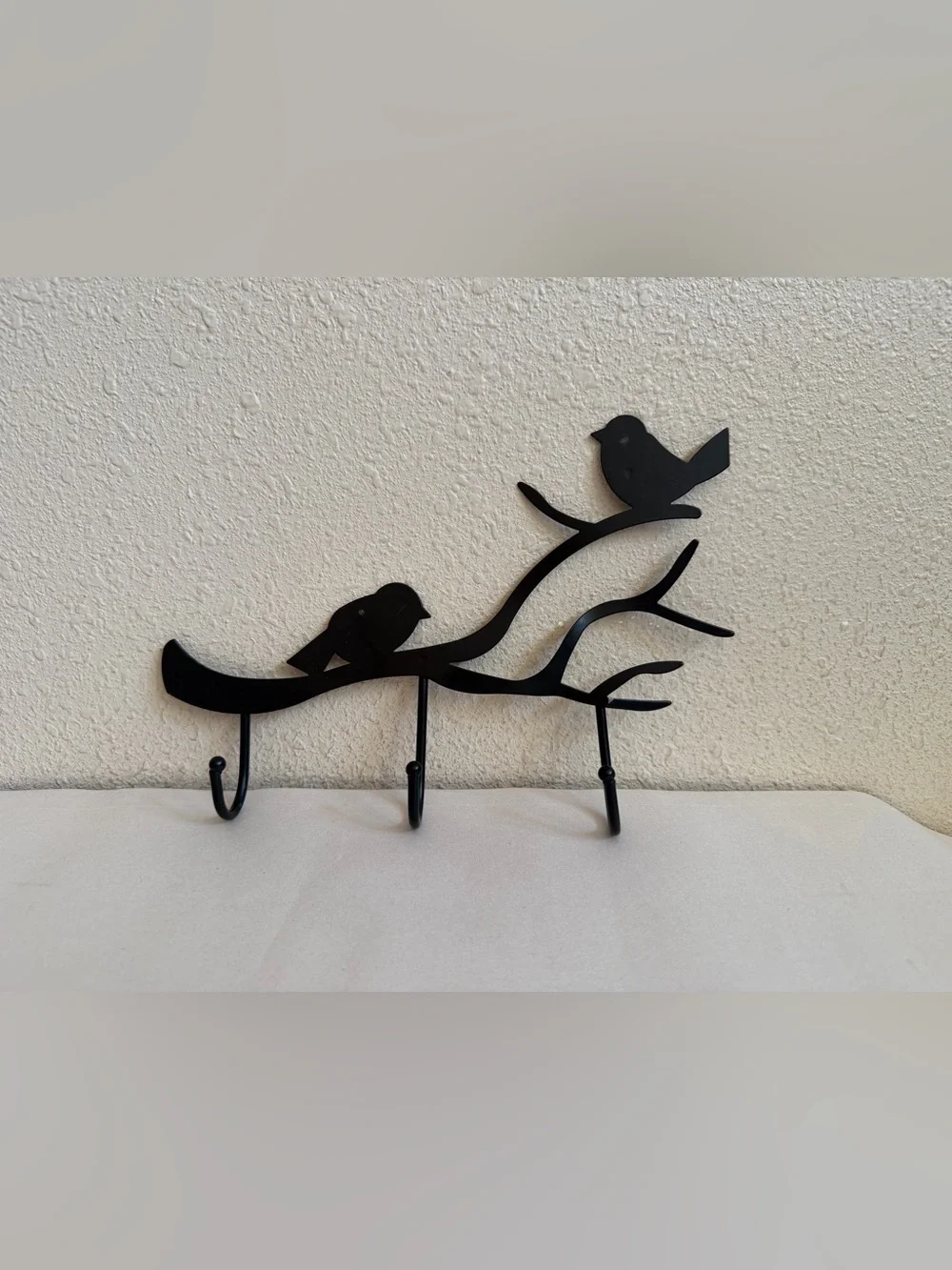 Black Metal Bird & Branch Wall Rack 3 Hooks Key Holder Rustic Nature Decor 8